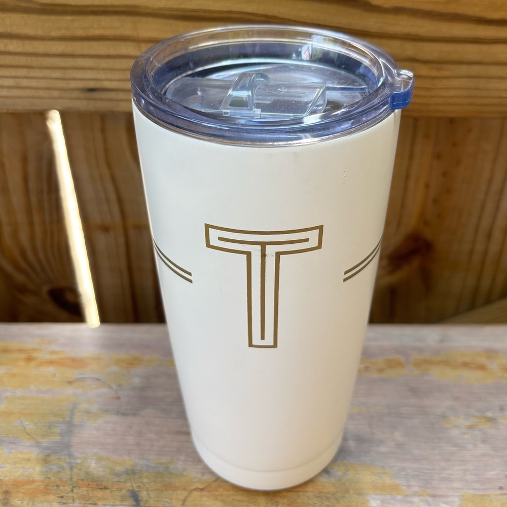 Kirkland’s Off White Vacuum Sealed Stainless Tumbler & Lid Gold Initial T 16oz
